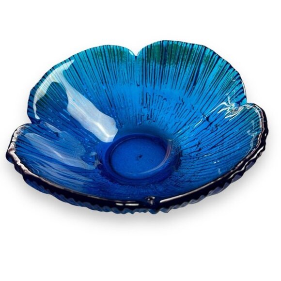 Vintage Glass Bowl Blue Flower Petal Dish MCM Textured 9" RARE - Picture 2 of 11